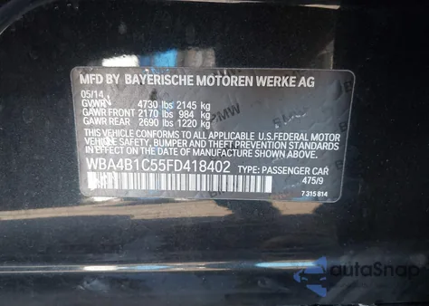 2015 BMW 435I Gran Coupe из США, поврежденный, VIN WBA4B1C55FD418402